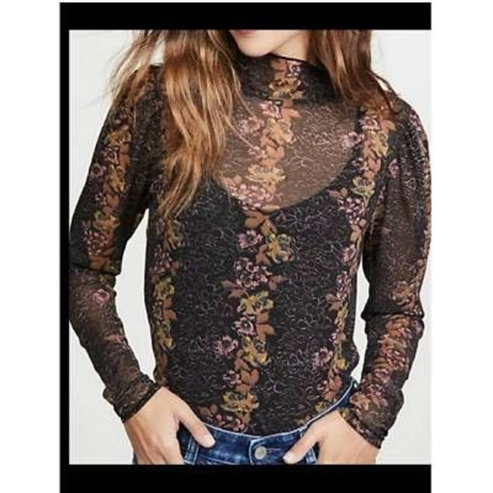 Free People Amber Black Floral Print Sheer Mesh Mock Neck Top Medium Boho Trendy